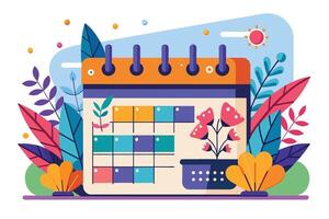 A colorful calendar with a grid of different colored squares, set against a sunny sky with colorful leaves and flowers. vector