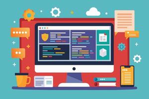 An illustration of a computer screen on a desk. The screen shows code and data with a security shield icon. The desktop is also decorated with a phone, gears, and a cloud. vector