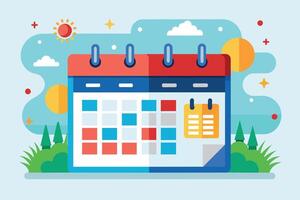 An illustration depicting a calendar with colorful squares and a summer background with sunshine and grass. vector
