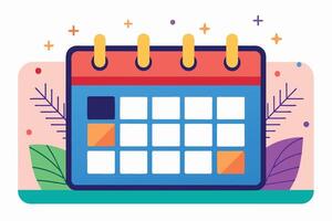 A cartoon illustration of a blue monthly calendar with orange and black markings on some days. It is surrounded by colorful foliage and decorative elements. vector