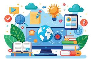 A colorful illustration depicting the concept of global online learning, featuring a computer, books, a lightbulb, and other digital elements. vector