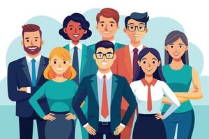A group of diverse business professionals, all smiling and looking confident, are working together in an office setting. vector
