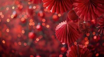 Red Folding Fans Hanging Against a Bokeh Background photo