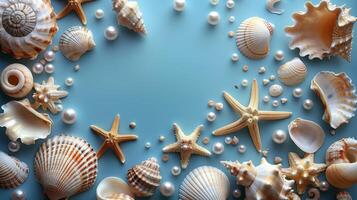 Seashells and Pearls on a Blue Background photo