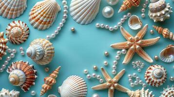 Seashells and Pearls on a Blue Background photo