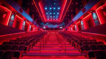 Illuminated Steps Leading to a Stage Under Red Lights in a Theater photo
