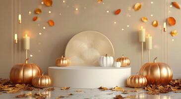 Autumnal Still Life With Gold Pumpkins and Candles photo
