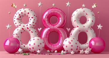 Three Pink And White Number Eight Balloons With Stars On A Pink Background photo