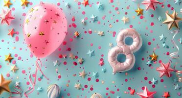 Pink Balloon and Silver Number Eight on Blue Background With Confetti Stars photo