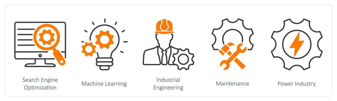 un conjunto de 5 5 industrial íconos como buscar motor mejoramiento, máquina aprendiendo, industrial Ingenieria vector