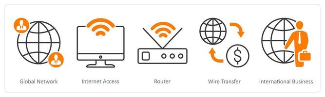 A set of 5 Business and Office icons as global network, internet access, router vector