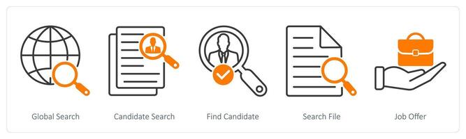 A set of 5 Business and Office icons as global search, candidate search, find candidate vector