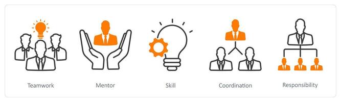 A set of 5 Business and Office icons as teamwork, mentor, skill vector