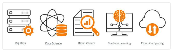 A set of 5 Industrial icons as big data, data science, data literacy vector