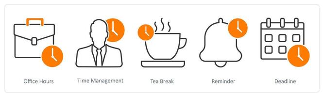 A set of 5 Business and Office icons as office hours, time management, tea break vector