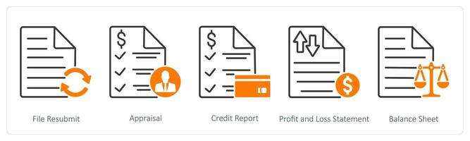 A set of 5 Banking icons as file resubmit, appraisal, credit report, profit and loss statement vector