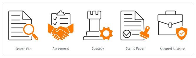 A set of 5 Business and Office icons as search file, agreement, strategy vector