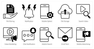 A set of 10 seo icons as file sharing, notification, mobile option vector