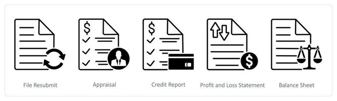 A set of 5 Banking icons as file resubmit, appraisal, credit report, profit and loss statement vector