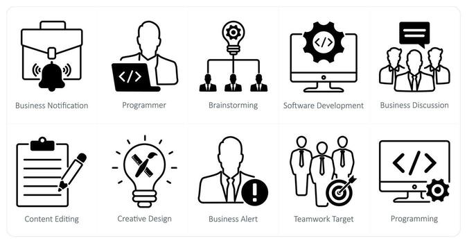 A set of 10 seo icons as business notification, programmer, brainstorming vector
