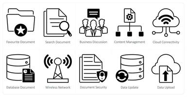 A set of 10 seo icons as favorite document, search document, business discussion vector