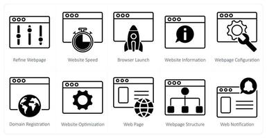 A set of 10 seo icons as refine weboage, website speed, browser launch vector