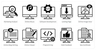 A set of 10 seo icons as marketing analysis, online music, software development vector