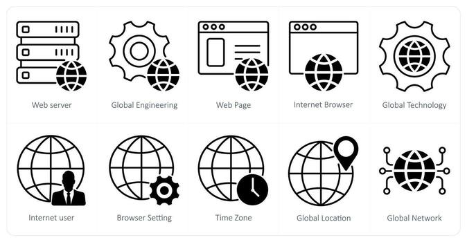 A set of 10 seo icons as web server, global engineering, webpage vector