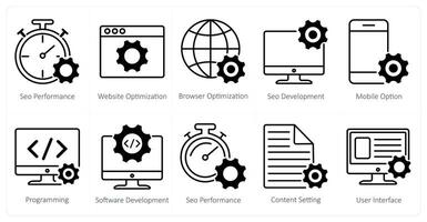 A set of 10 seo icons as seo performance, website optimization, browser optimization vector