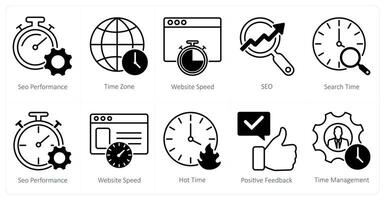 A set of 10 seo icons as seo performance, time zone, website speed vector