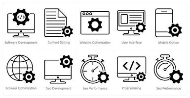 A set of 10 seo icons as software development, content setting, website optimization vector