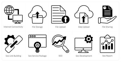 A set of 10 seo icons as internet connectivity, file storage, file upload vector