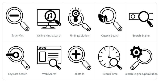 A set of 10 seo icons as zoom out, online music search, finding solution vector
