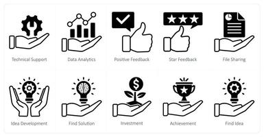 A set of 10 seo icons as technical support, data analytics, positive feedback vector