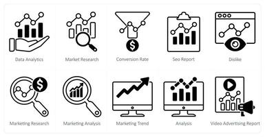 A set of 10 seo icons as data analytics, market research, conversion rate vector