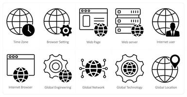 A set of 10 seo icons as time zone, browser setting, webpage vector