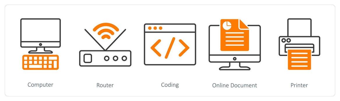 un conjunto de 5 5 negocio y oficina íconos como computadora, enrutador, codificación vector