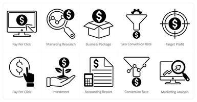 A set of 10 seo icons as pay per click, marketing research, business package vector