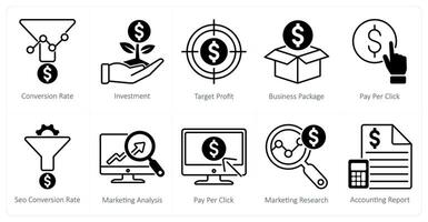 A set of 10 seo icons as conversion rate, investment, target profit vector