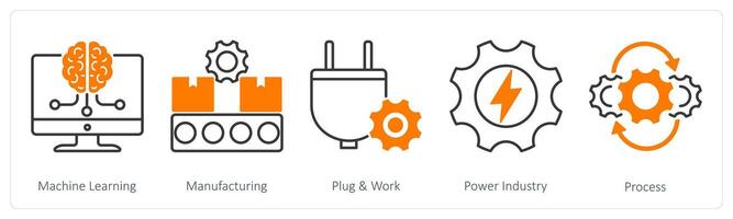 A set of 5 Industrial icons as machine learning, manufacturing, plug and work vector