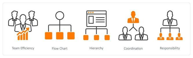 A set of 5 Business and Office icons as team efficiency, flow chart, hierarchy vector