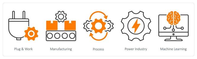 A set of 5 Industrial icons as plug and work, manufacturing, process, power industry vector