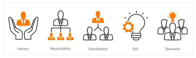 A set of 5 Business and Office icons as mentor, responsibility, coordination, skill vector
