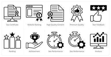 A set of 10 seo icons as seo certificate, website ranking, high quality content vector