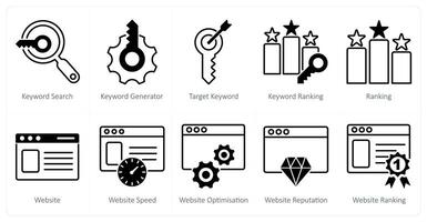 A set of 10 seo icons as keyword search, keyword generator, target keyword vector