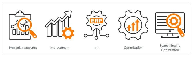 A set of 5 Industrial icons as predictive analytics, improvement, erp vector