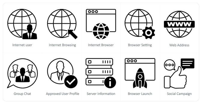 A set of 10 seo icons as internet user, internet browsing, internet browser vector