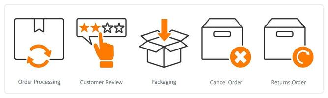 A set of 5 Shopping icons as order processing, customer review, packaging vector
