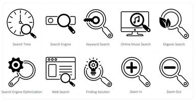 A set of 10 seo icons as search time, search engine, keyword search vector