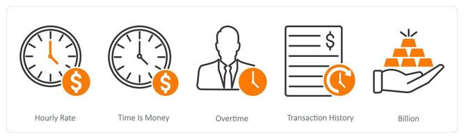 A set of 5 Banking icons as hourly rate, time is money, overtime vector